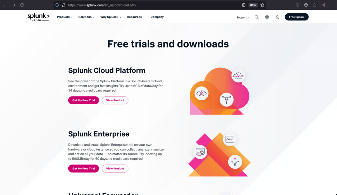 Splunk homepage Products menu