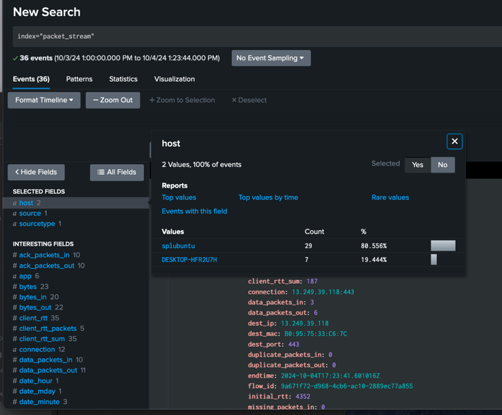 Packet stream search results