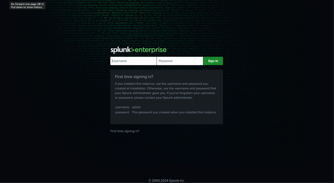 Splunk login screen