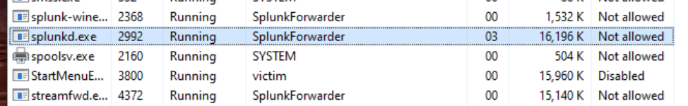 SplunkForwarder service account in Task Manager