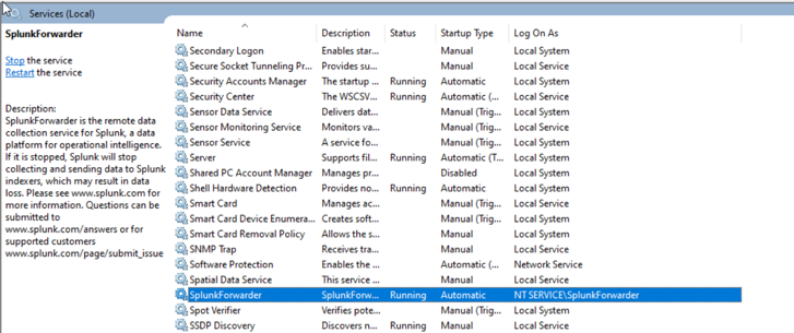 SplunkForwarder in Windows Services