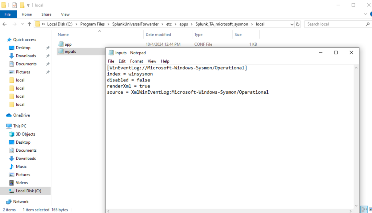 inputs.conf saved to local folder