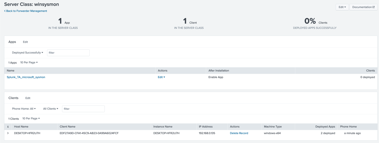Server class with Sysmon app and UF client
