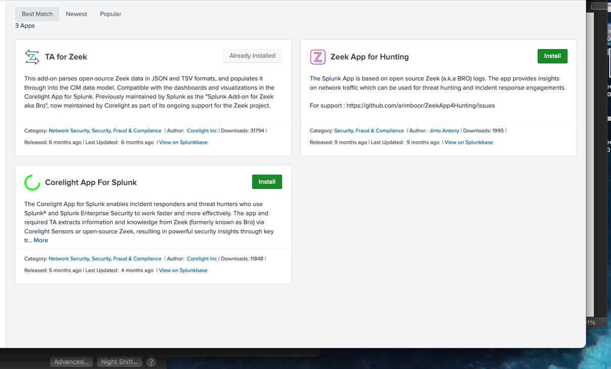 Install Zeek apps in Splunk